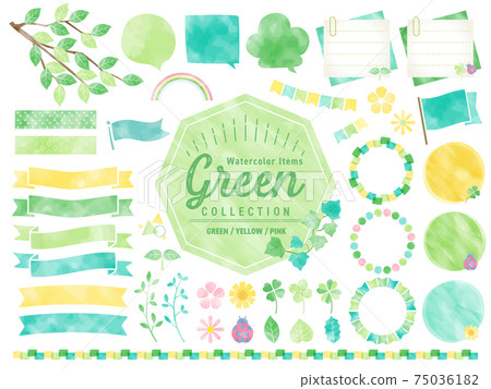 Fresh green watercolor frameset / early summer, spring, flowers, nature / banner, speech bubble 75036182