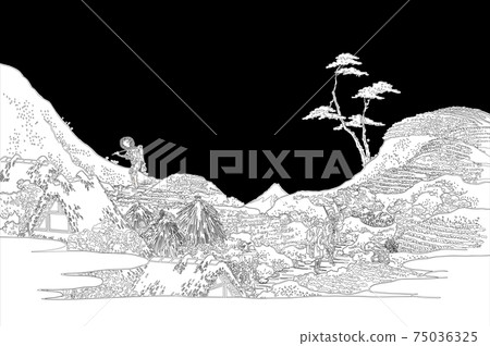 葛飾北齋圖像Shimomeguro線黑色背景 75036325