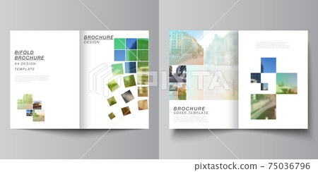 Vector layout of two A4 cover mockups design templates for bifold brochure, flyer, magazine, cover design, book design, brochure cover. Abstract project with clipping mask green squares for your photo 75036796
