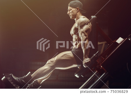bodybuilder fitness man pumping up legs muscles bodybuilder fitness man pumping up legs muscles 75036829