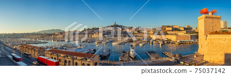 Marseille France, panorama city skyline at Vieux Port with Notre Dame de la Garde basilica Marseille France, panorama city skyline at Vieux Port with Notre Dame de la Garde basilica 75037142