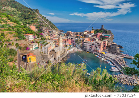 Vernazza Italy, city skyline at Cinque Terre of Vernazza village and Mediterranean sea 75037154