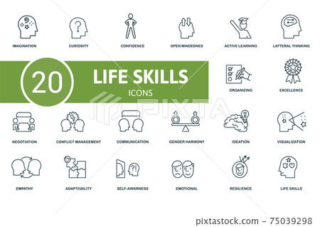 Life Skills icon set. Contains editable icons life skills theme such as curiosity, open mindedness, latteral thinking and more. 75039298