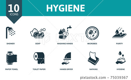 Hygiene icon set. Contains editable icons hygiene theme such as soap, microbes, paper towel and more. 75039367