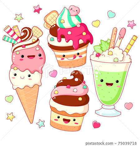 Set of cute sweet icons in kawaii style Set of cute sweet icons in kawaii style 75039718