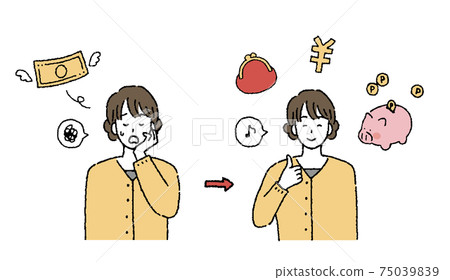 Illustration set of women who are in trouble with money and women who can save money Illustration set of women who are in trouble with money and women who can save money 75039839