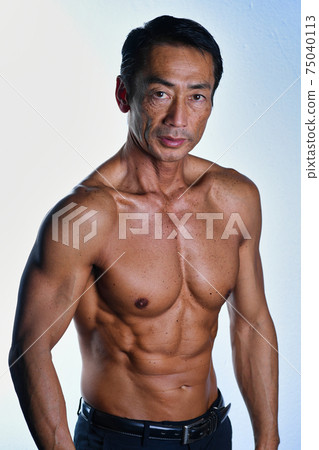 Japanese businessman, muscular shirtless middle-aged man, image of a fighting man Japanese businessman, muscular shirtless middle-aged man, image of a fighting man 75040113