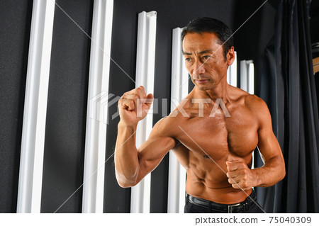 Japanese businessman, muscular shirtless middle-aged man, image of a fighting man Japanese businessman, muscular shirtless middle-aged man, image of a fighting man 75040309