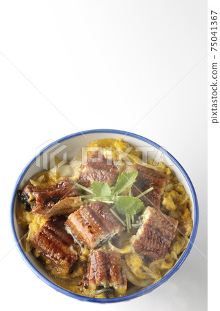 A hot eel bowl with eel kabayaki bound with eggs on a white background (overhead view) 75041367