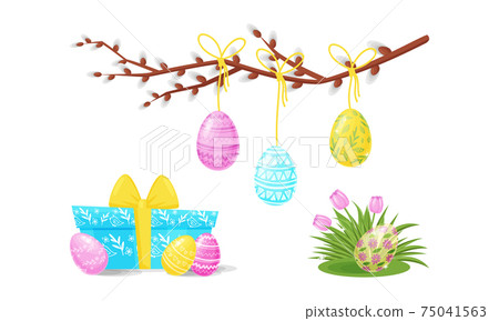 Blooming Willow Branch with Hanging Decorated Easter Egg and Gift Box as Holiday Symbols Vector Set 75041563