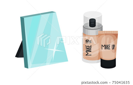 Bottle of Tinting Cream for Makeup and Mirror as Dressing Room Items Vector Set 75041635