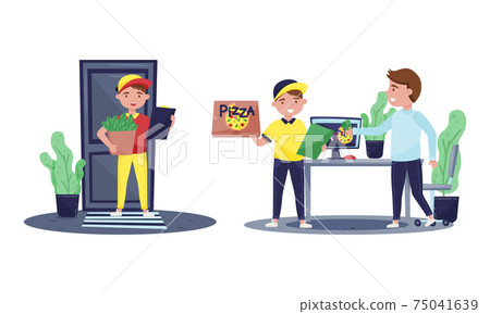 Man Courier Distributing Pizza and Grocery Goods to Customers as Online Food Delivery Service Vector Set 75041639