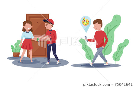 Man Courier Handing Pizza Box to Customer as Online Food Delivery Service Vector Set 75041641