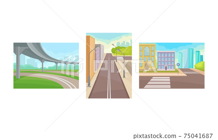 Urban View with Pedestrian Crossing and Traffic Road with Line Marking Vector Set 75041687