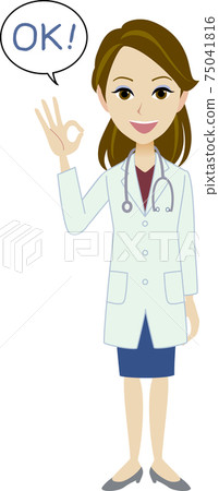 Illustration of a female doctor in a white coat smiling and giving an OK sign Illustration of a female doctor in a white coat smiling and giving an OK sign 75041816