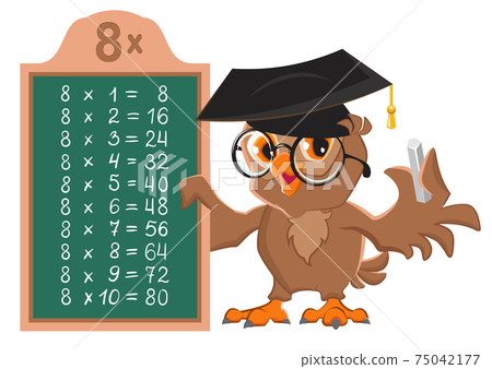 8 times table. Owl teacher math lesson cartoon illustration 75042177