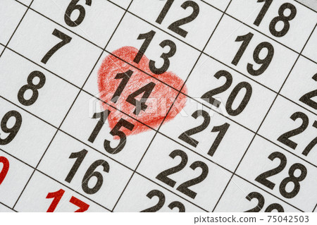 Calendar with the date of February 14 with red heart mark 75042503