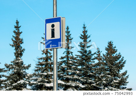 Blue information center sign post Blue information center sign post 75042993