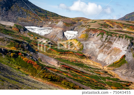 A landscape of autumn leaves around the summit and snow like icecaps seen at the summit of Mt. Aka in the Daisetsu Mountains of Hokkaido 75043455