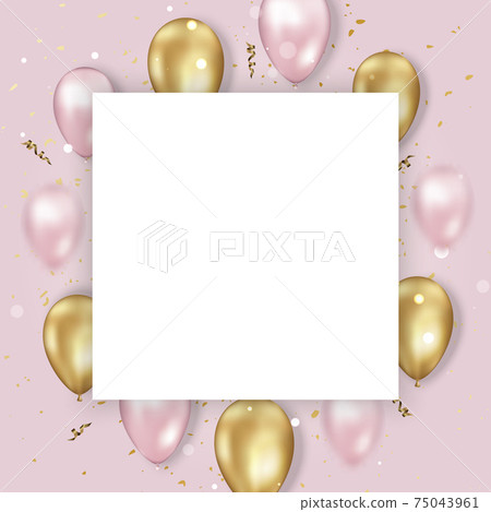 Colorful balloons fly with helium. Background with festive realistic 3d balloons with ribbon and gold glitter confetti. Birthday template. Colorful balloons fly with helium. Background with festive realistic 3d balloons with ribbon and gold glitter confetti. Birthday template. 75043961