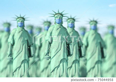 Statue of Liberty in surgical mask with lowered torch. America mourns coronavirus deaths concept. Healthcare and medicine in USA IUnited States. 75044958