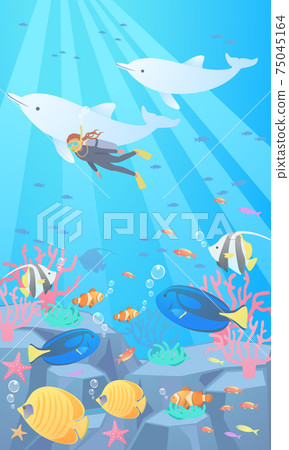 Vector illustration of a woman swimming with dolphins while scuba diving in the sea and being watched by tropical fish 75045164