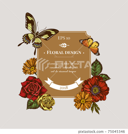 Badge design with colored poppy flower, calendula, plain tiger, papilio torquatus, roses Badge design with colored poppy flower, calendula, plain tiger, papilio torquatus, roses 75045346
