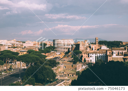 Panoramic view of city Rome with Roman forum and Colosseum from Vittoriano Panoramic view of city Rome with Roman forum and Colosseum from Vittoriano 75046173