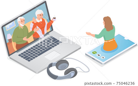 Video call with parents. Online family chat. Woman talking with her elderly parents via computer 75046236
