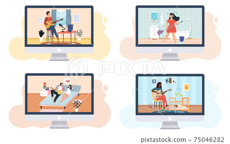 People playing guitar and composing music at home. Creative hobbies and music or art study People playing guitar and composing music at home. Creative hobbies and music or art study 75046282