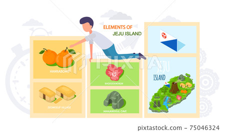 Elements of Jeju Korean island vector illustration. Travel to South korea. Vacation in Asia Elements of Jeju Korean island vector illustration. Travel to South korea. Vacation in Asia 75046324