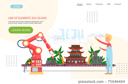 Line of elements Jeju island webpage. Traditional house, exotic plants, stone figures attraction Line of elements Jeju island webpage. Traditional house, exotic plants, stone figures attraction 75046404
