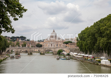 Panoramic view on the Papal Basilica of St. Peter in the Vatican and river Tiber Panoramic view on the Papal Basilica of St. Peter in the Vatican and river Tiber 75046426