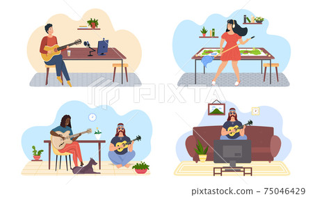 Set of illustrations about musicians do what they love. People play guitar and sing to music Set of illustrations about musicians do what they love. People play guitar and sing to music 75046429