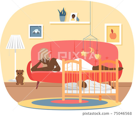 Afro american woman lying near cradle with child. Mother in red dress near sleeping in bed baby Afro american woman lying near cradle with child. Mother in red dress near sleeping in bed baby 75046568