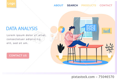 Data analysis landing page template with man sitting at table with laptop working in home office Data analysis landing page template with man sitting at table with laptop working in home office 75046570