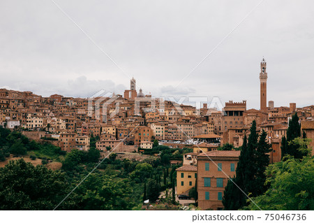 Panoramic view of Siena city with historic buildings and street 75046736