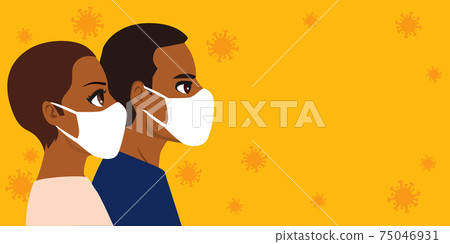 Black People wearing white medical face mask with copy space and virus in the background Black People wearing white medical face mask with copy space and virus in the background 75046931