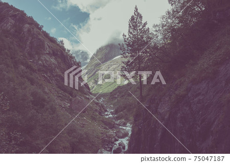 Panorama view of mountains scene in national park of Dombay, Caucasus, Russi 75047187