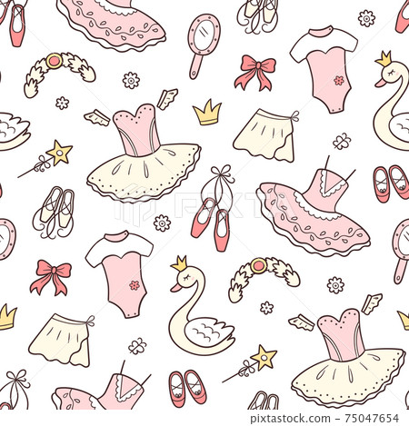 Seamless pattern for little ballerina with ballet accessories. Hand drawn tutu, pointes, ballet dress, swan, crown. 75047654