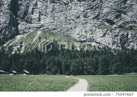 View valley of waterfalls in city Lauterbrunnen, Switzerland, Europe 75047667