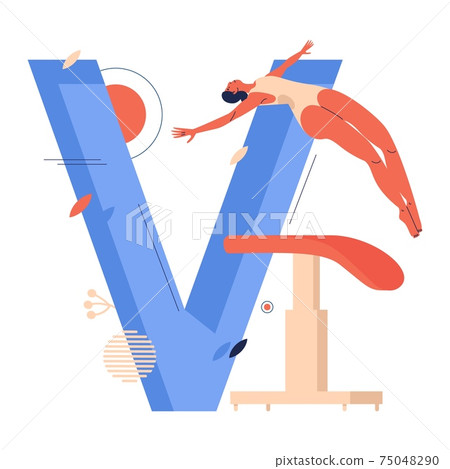 Woman flying over vaulting table during gymnastics jump training. Large letter V drawn in blue decorated with geometric shapes and leaves. Sport character isolated on white Woman flying over vaulting table during gymnastics jump training. Large letter V drawn in blue decorated with geometric shapes and leaves. Sport character isolated on white 75048290