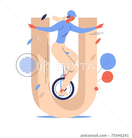 Sport letter U for unicycle woman. Concept woman in helmet riding one wheel bicycle Sport letter U for unicycle woman. Concept woman in helmet riding one wheel bicycle 75048291