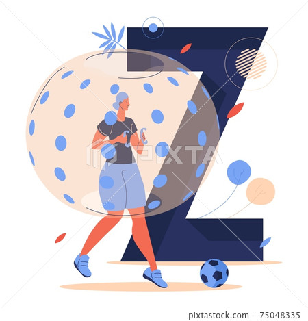 Zorb football game and woman running after soccer ball. Large letter Z on background. Cartoon character drawn in bubble sphere isolated on white. Vector concept illustration 75048335