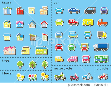 房屋,汽車,摩托車和植物的圖標集(彩色白色邊框貼紙樣式)分類版本 房屋,汽車,摩托車和植物的圖標集(彩色白色邊框貼紙樣式)分類版本 75048912