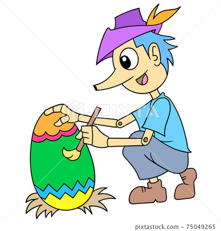 pinocchio is painting eggs for the easter celebration, doodle icon image kawaii 75049265