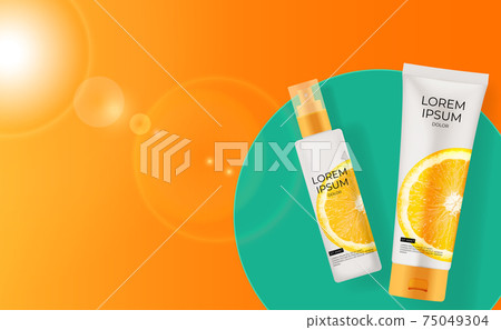 3D Realistic Vitamin C Orange Cream Bottle Background. Design Template of Fashion Cosmetics Product. Vector Illustration 75049304