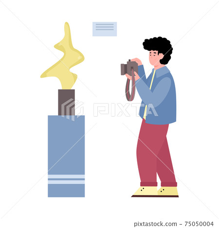 Man in museum takes photo of exhibit, cartoon vector illustration isolated. 75050004