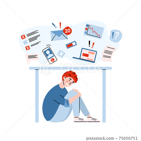 Man tries to hide from stress, information overload by data stream from internet Man tries to hide from stress, information overload by data stream from internet 75050751
