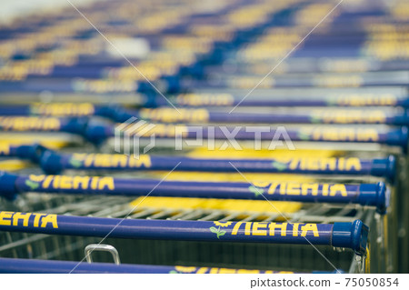 Shopping trolleys of the hypermarket Lenta. Supermarket in Russia Shopping trolleys of the hypermarket Lenta. Supermarket in Russia 75050854